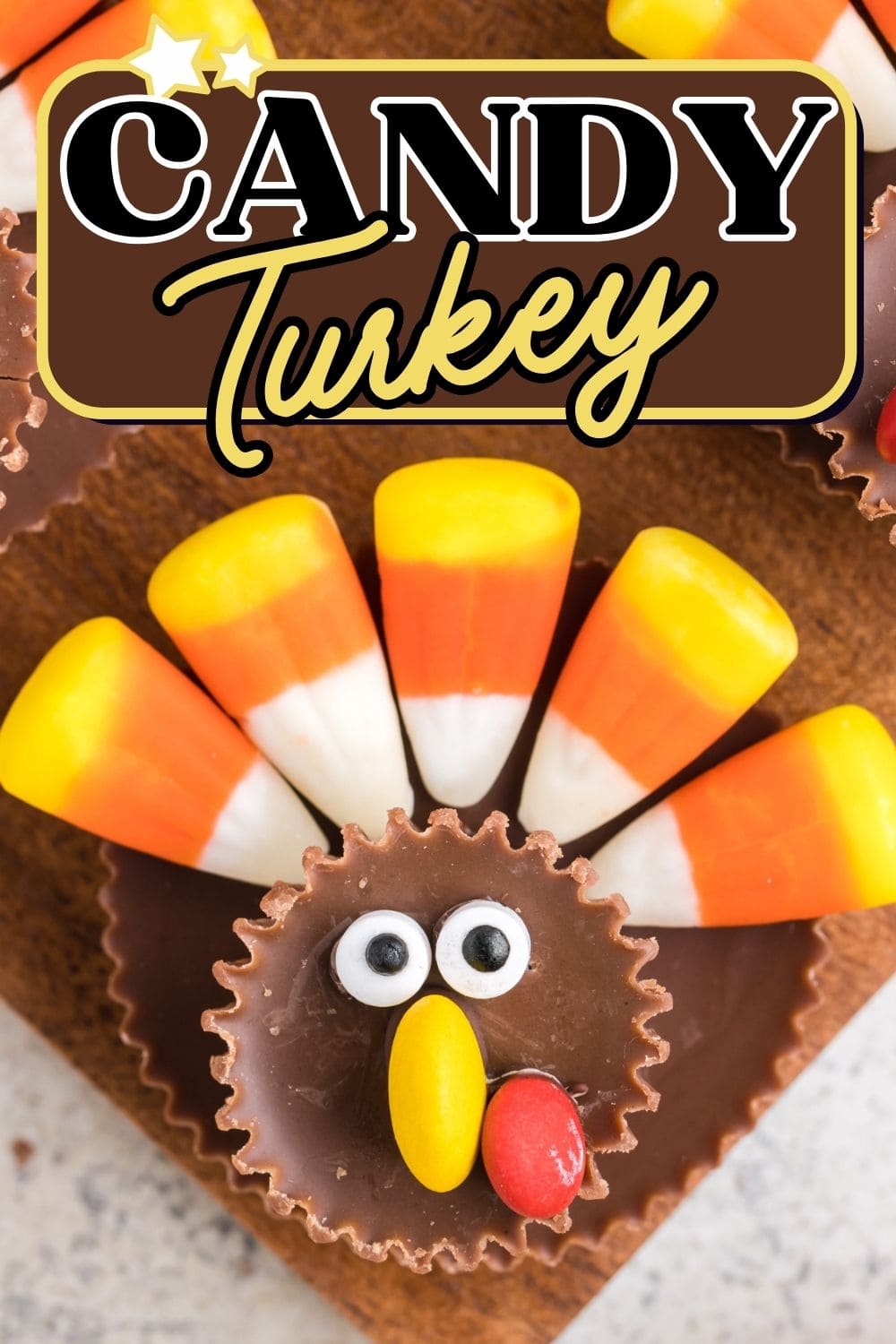 Close up of CANDY TURKEY made from reese cups and candy corn