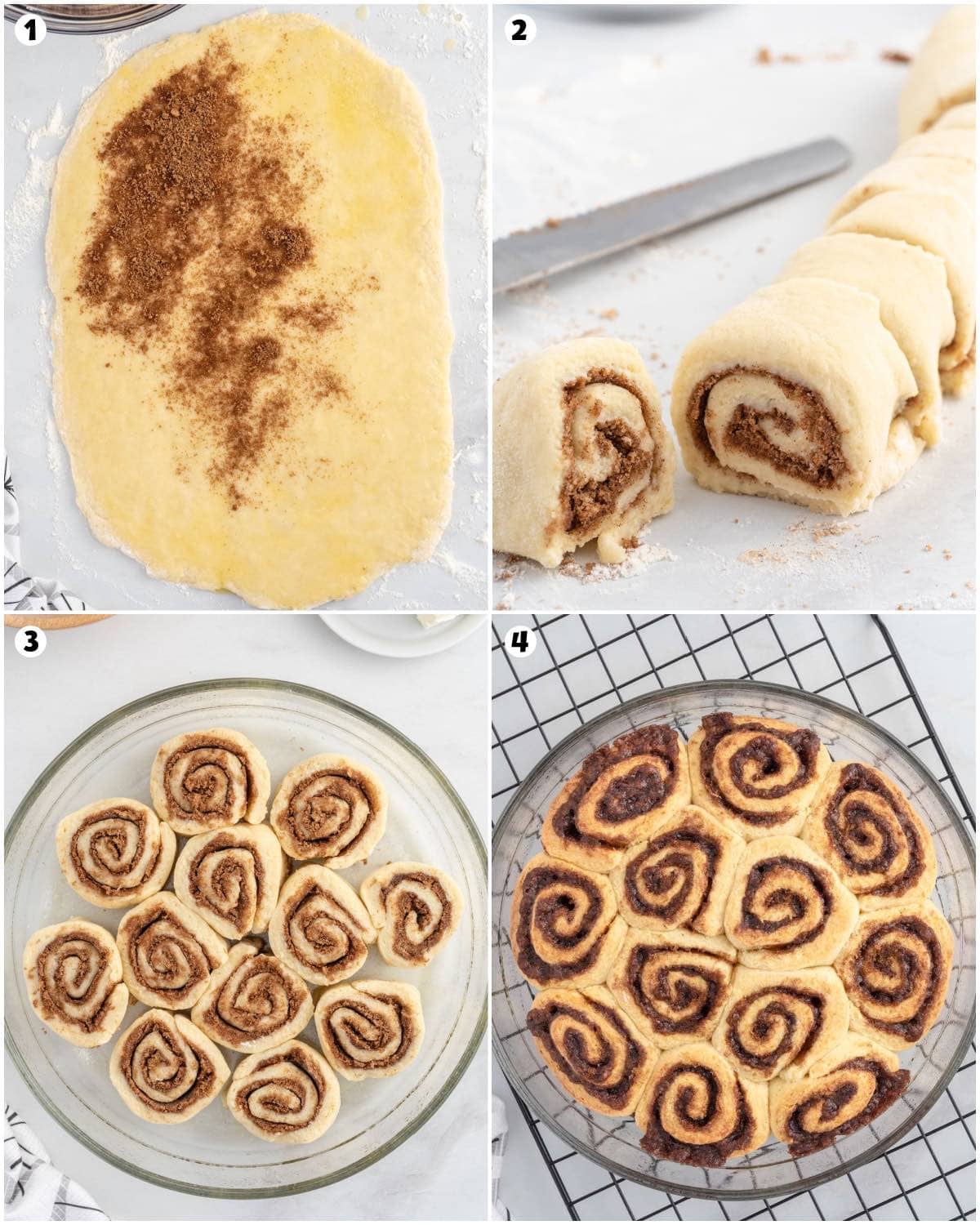 spread the brown sugar and cinnamon mixture on top of the dough. roll up the dough and cut. place each rolls in a round pan. baked cinnamon rolls in a pan.