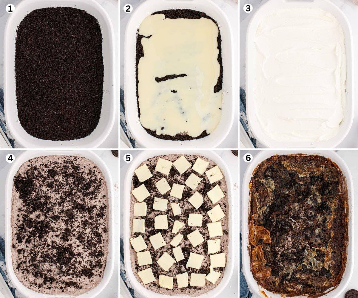 Spread the pulsed Oreos in the baking dish. Pour the sweetened condensed milk. 3. Spread the cool whip. Add some chopped Oreos. Cover with sliced butter. 