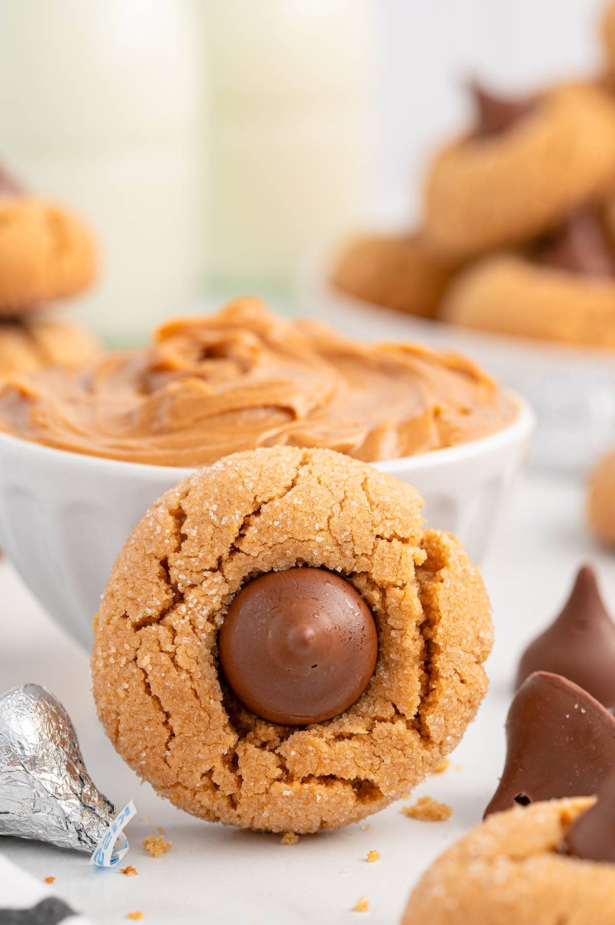 peanut butter kiss cookies on the table.