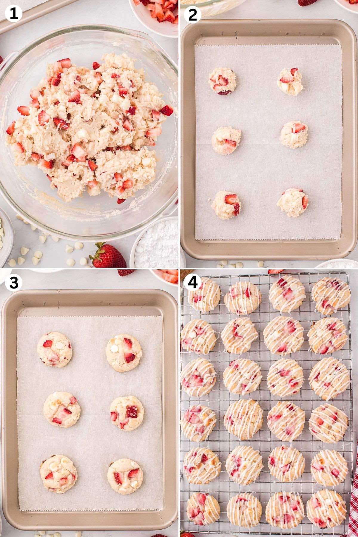 Mixed dough in a bowl. Scoop dough and place on top of baking tray. Baked cookies on baking tray. drizzle cookies with glaze on top of cooking rack.