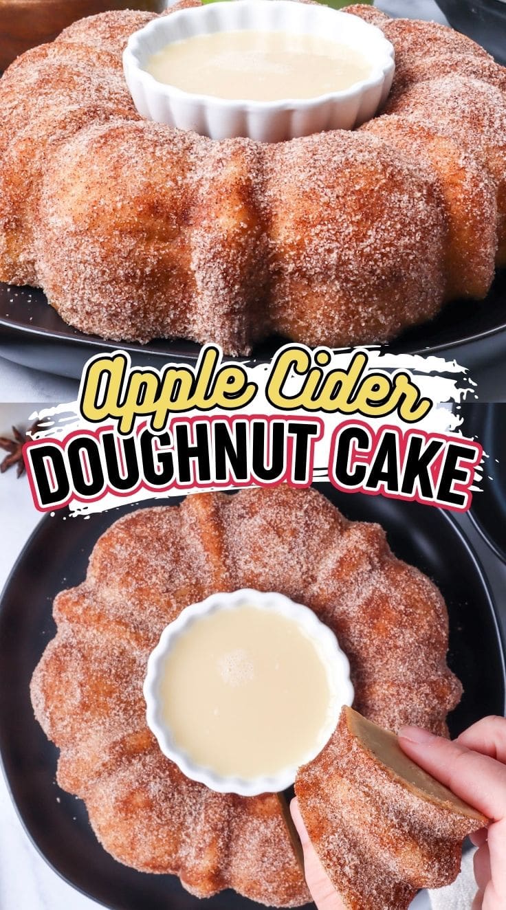 Apple cider doughnut cake served on a black plate with a bowl of glaze dip at the center.