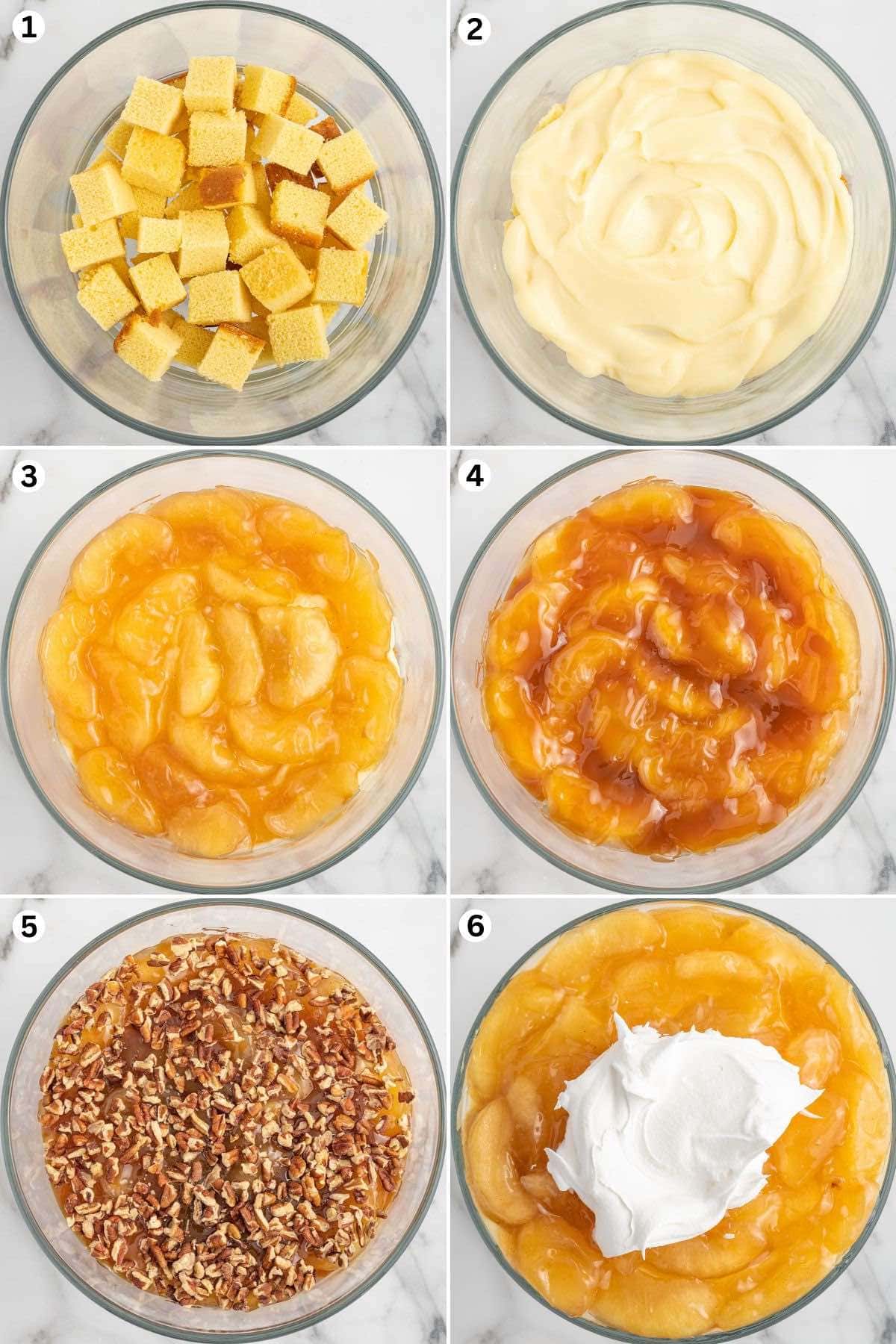 Place pound cakes in a bowl. Add pudding mixture. Add apple pie filling on top of the pudding mixture. Drizzle with caramel topping. Sprinkle chopped pecans. Repeat and add whipped topping on top. 