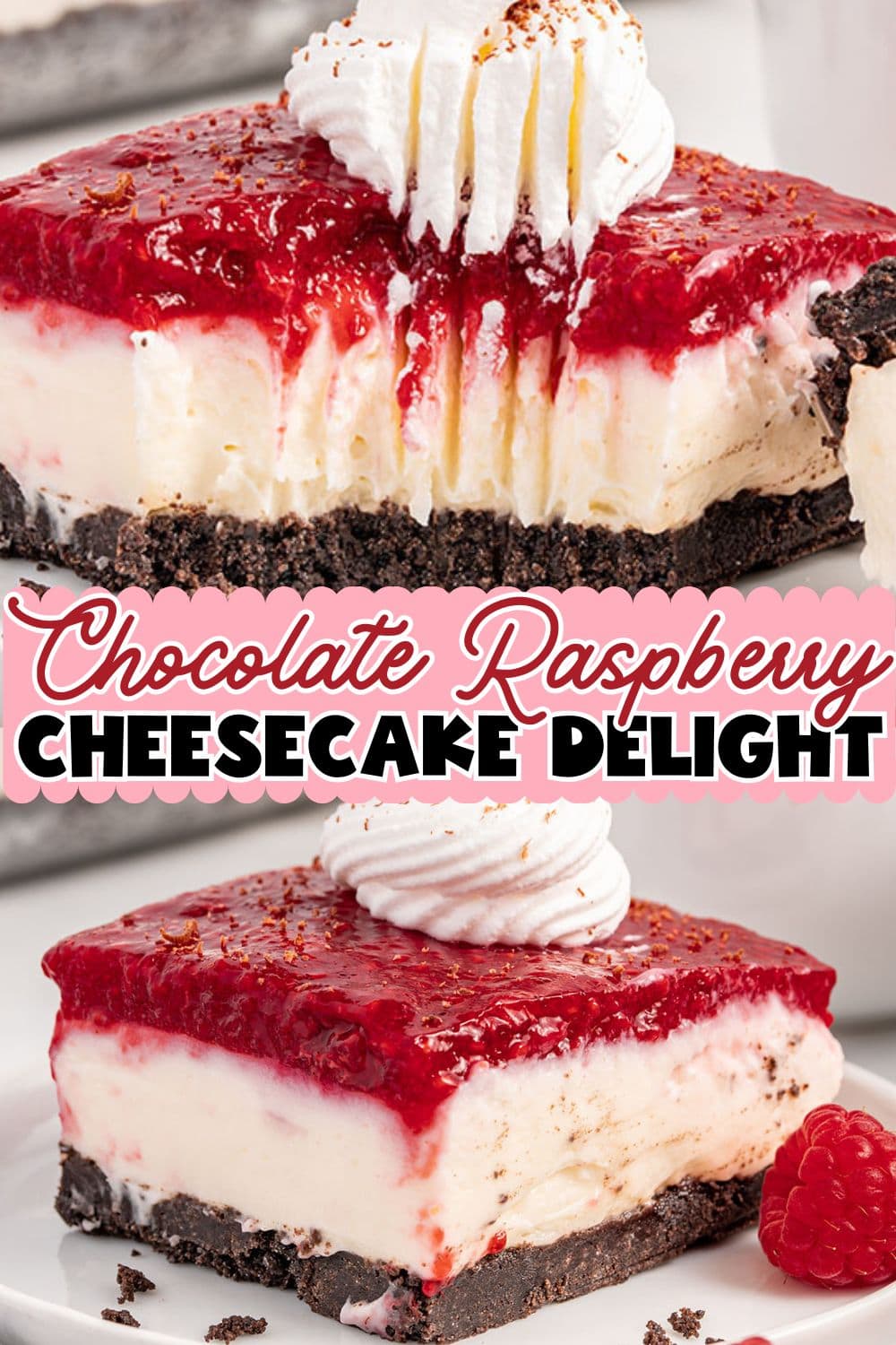 Square shaped Chocolate Raspberry Cheesecake delight served on a white plate