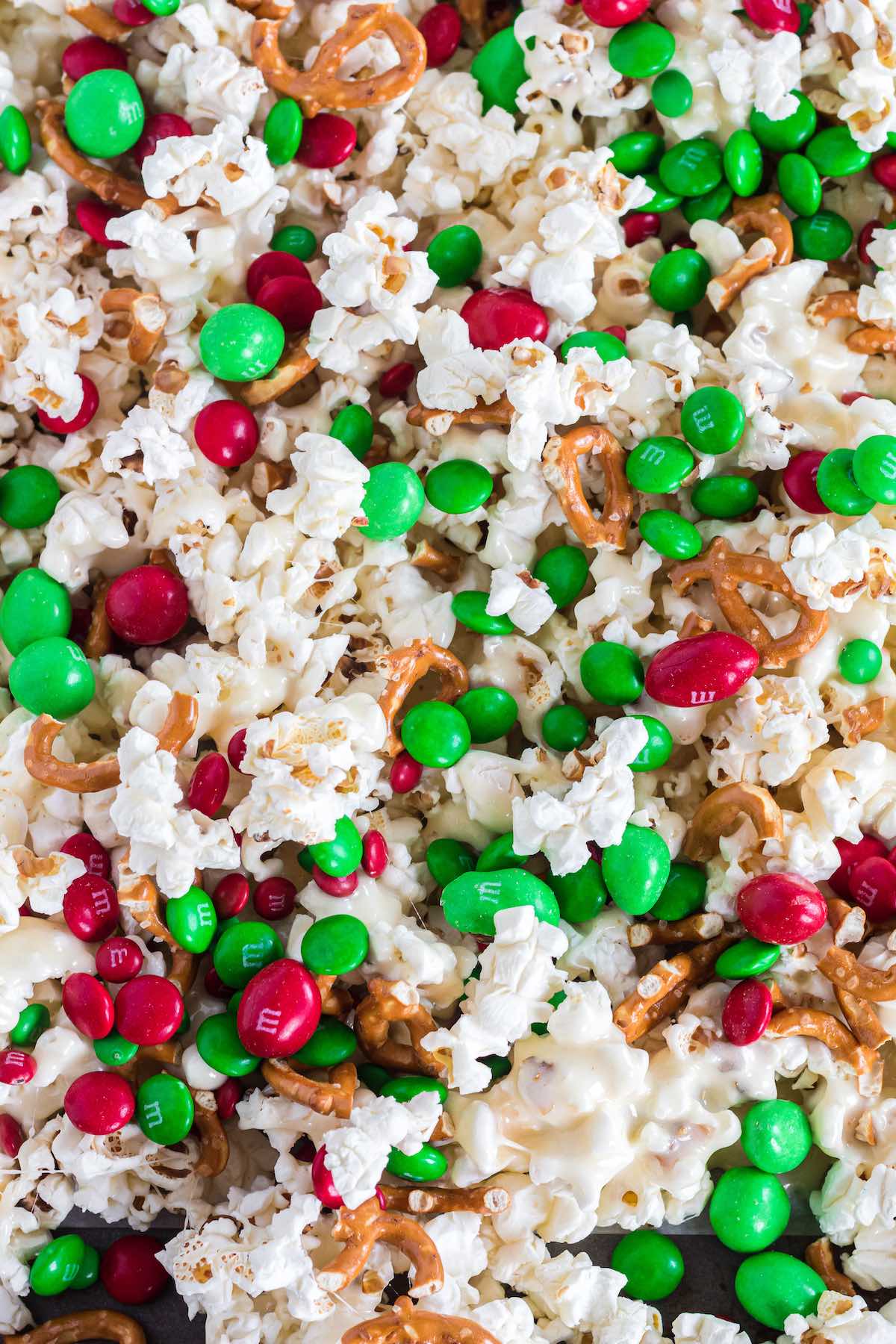 christmas crunch with red and green m&m and pretzels.