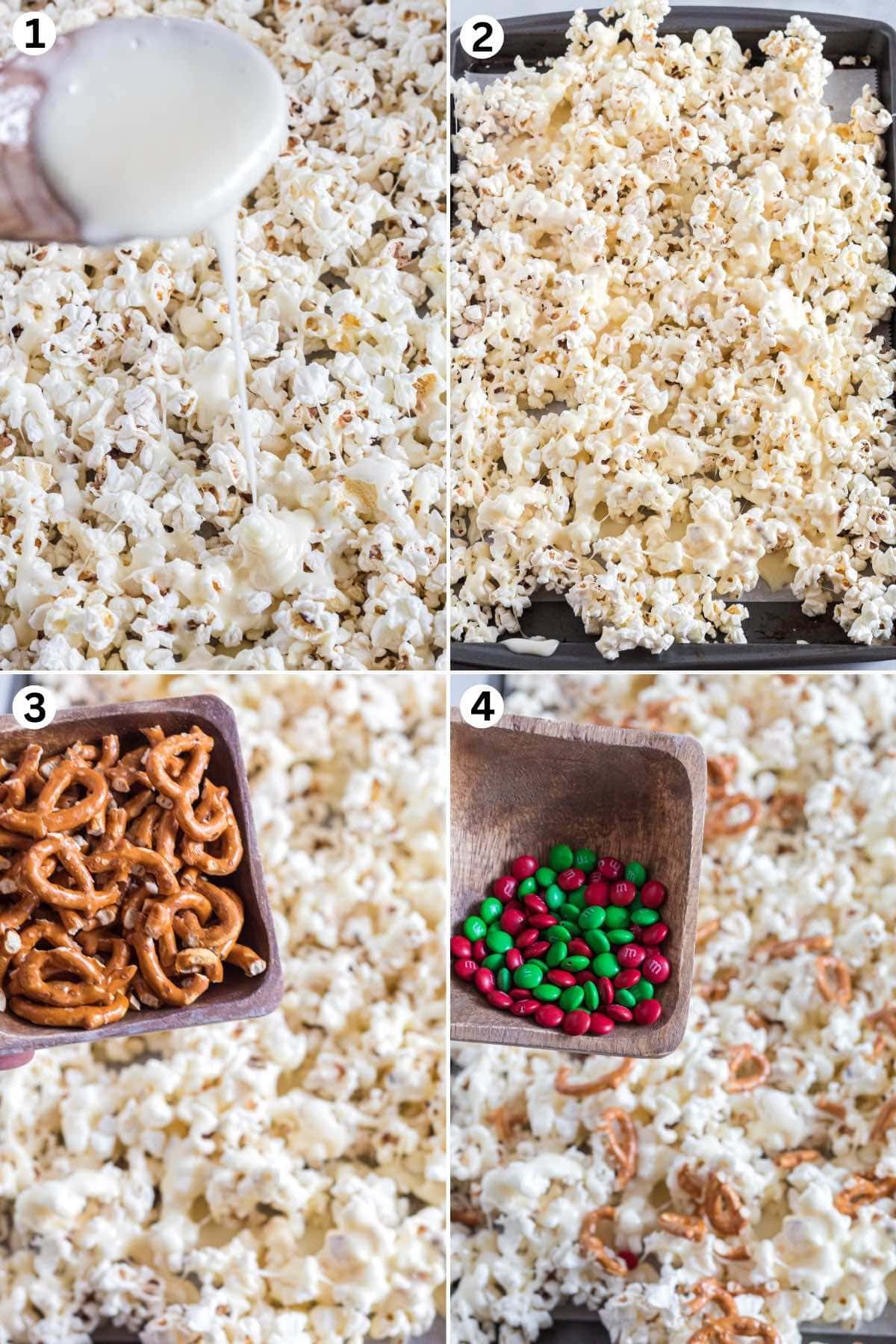 pour the melted marshmallow into the popcorn. add pretzels and m&ms.