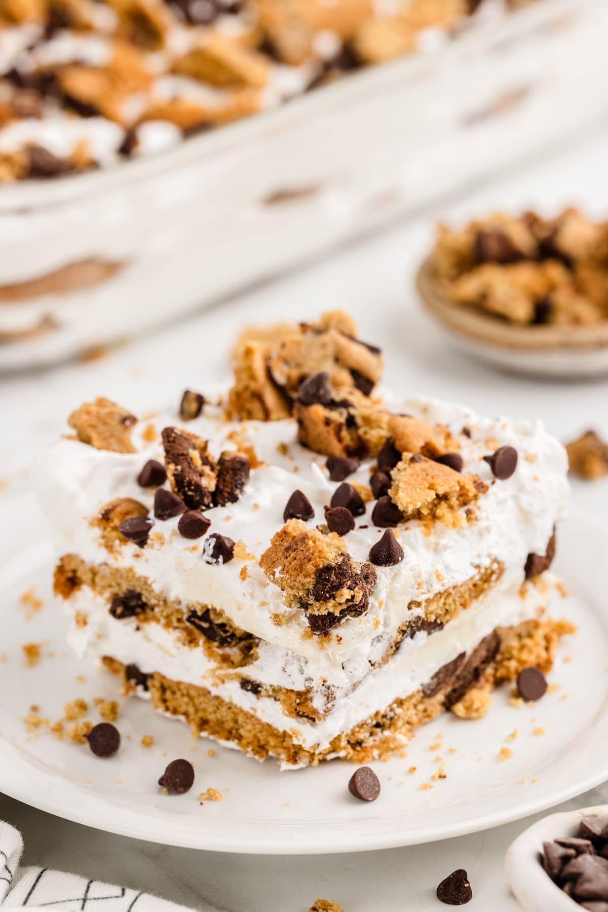 a slice of cookie lasagna on a plate