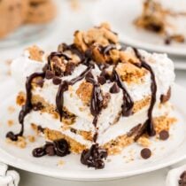 Cookie Lasagna with chocolate chips and chocolate sauce.