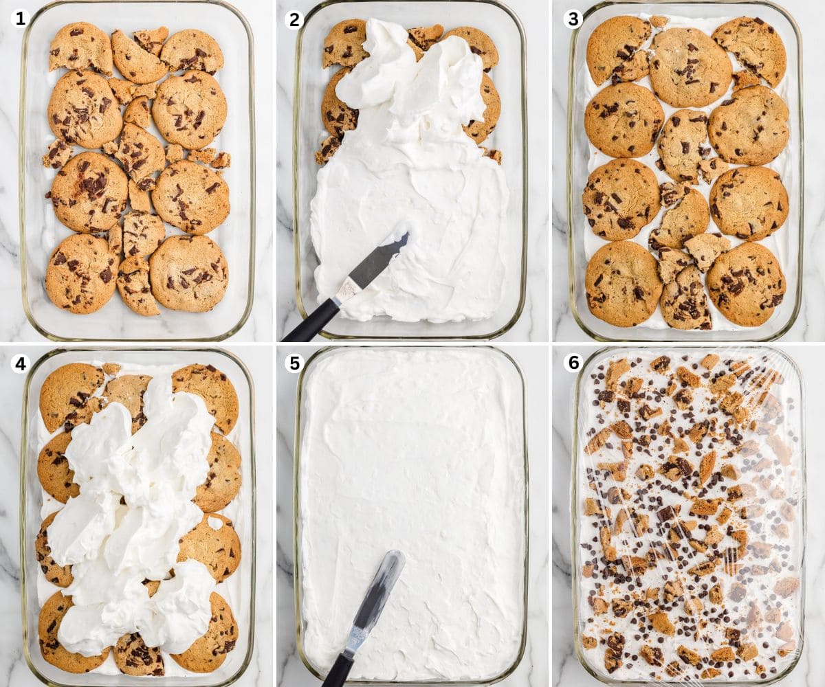 place cookies in baking dish. top with whipped topping. top with another layer of cookies. top with another whipped cream. sprinkle with cookies crumble and chocolate chip.