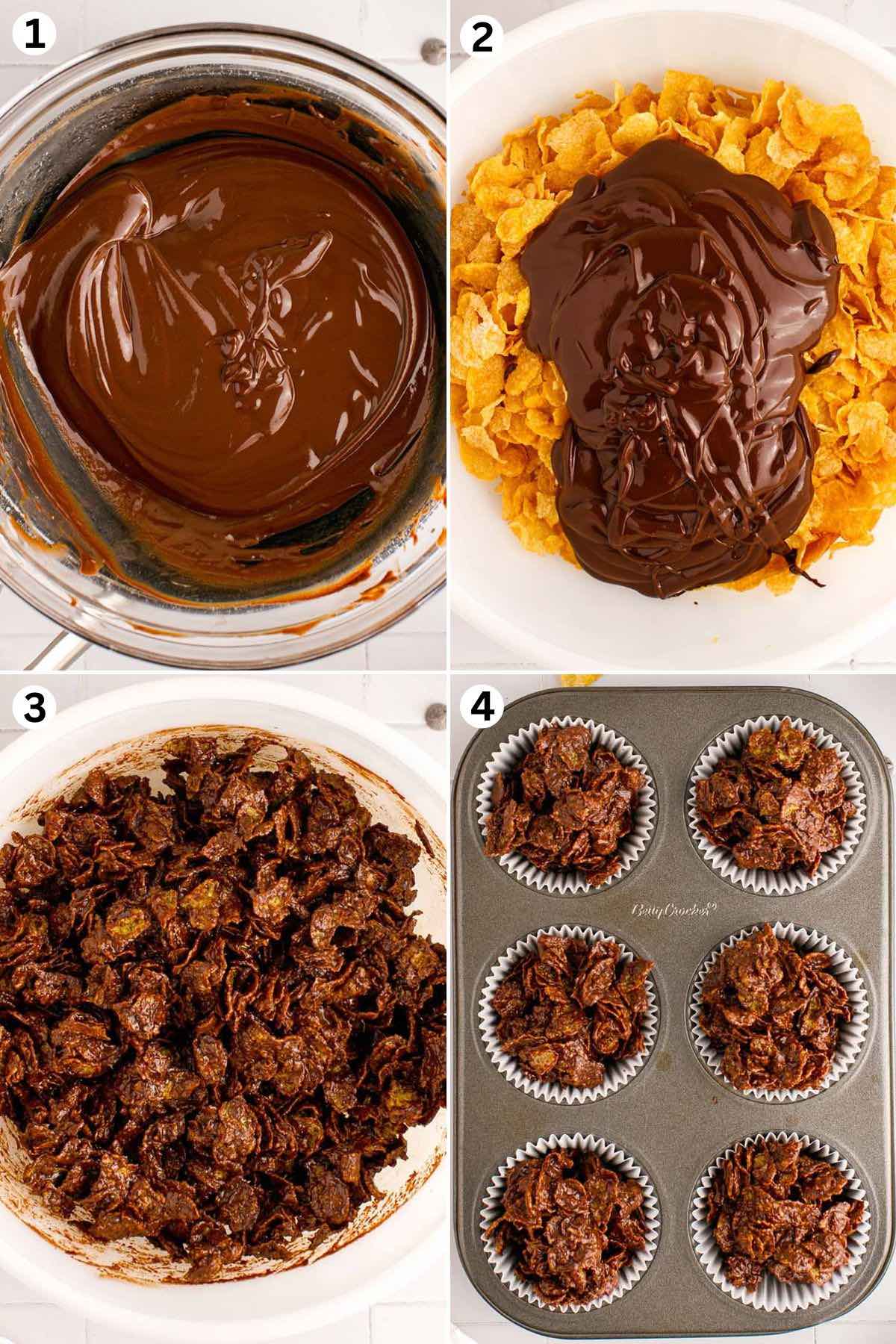 melt the chocolate. mix in the cornflakes. pour into muffin tin.