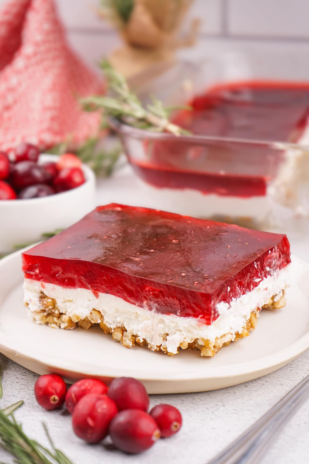 Cranberry Pretzel Salad on a white plate.