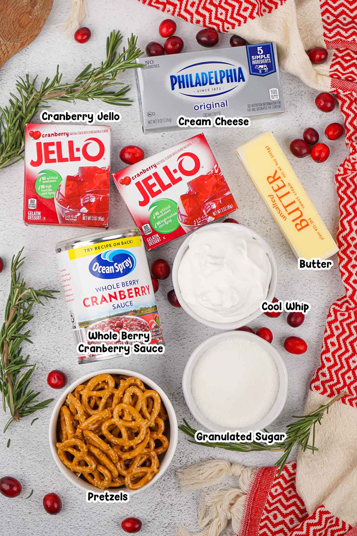 Cranberry Pretzel Salad ingredients.