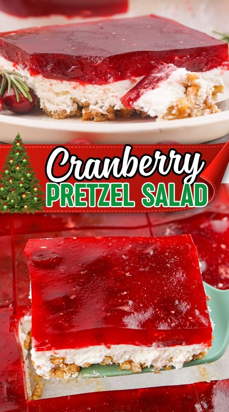 A cake slicer lifting a slice of Cranberry Pretzel Salad