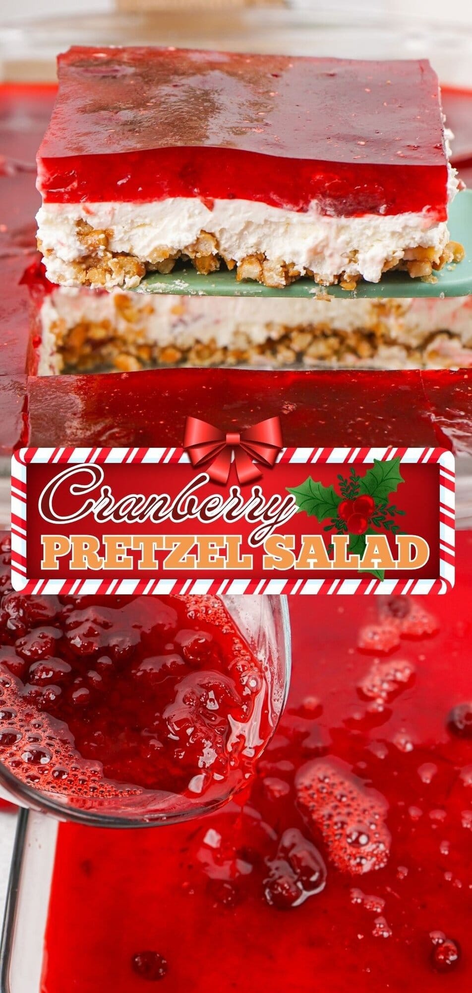 Side view of Cranberry Pretzel Salad showing the pretzel base, cream cheese and jello layers