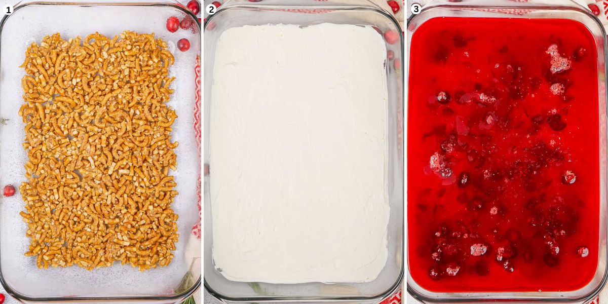 place pretzels in baking dish. add the whip topping on top. pour the cranberry sauce.