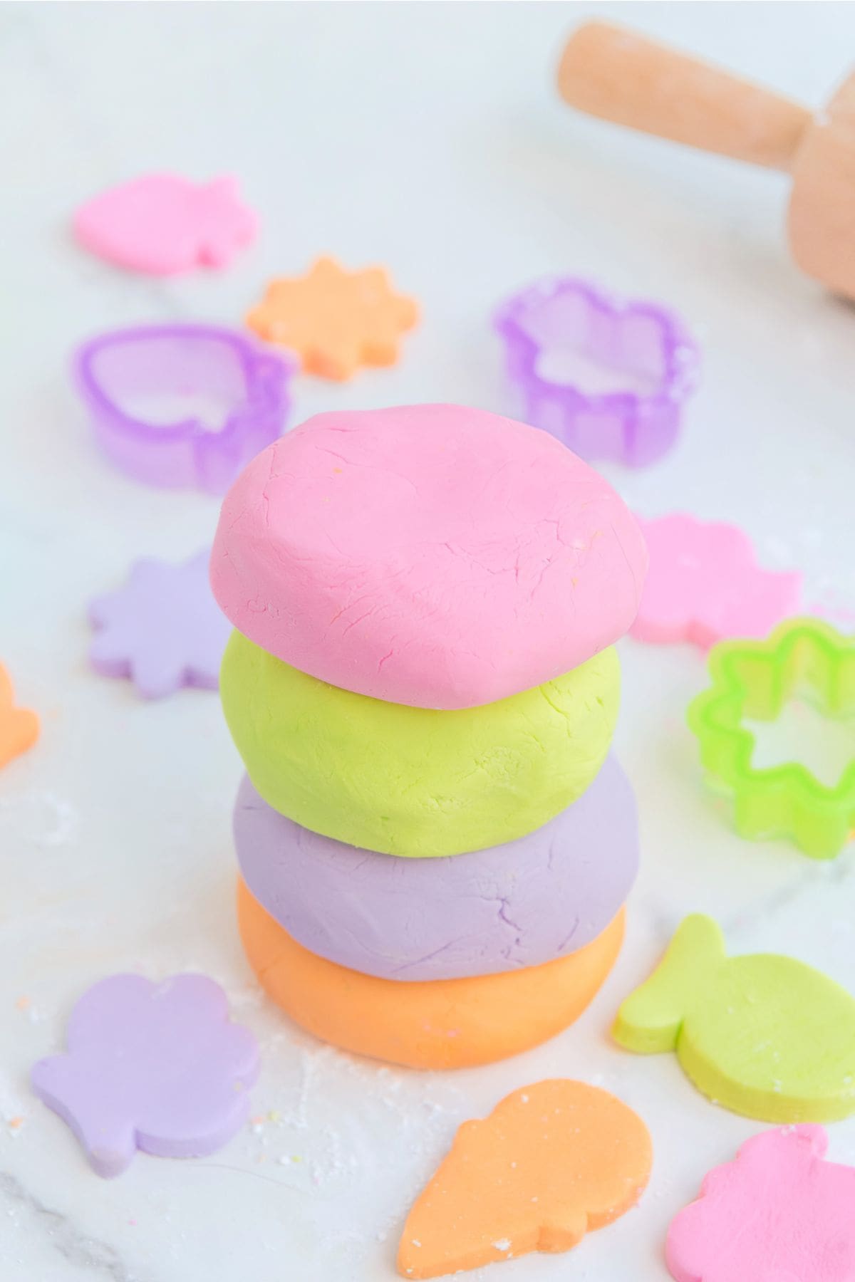 Edible Playdough stacked up on the table.
