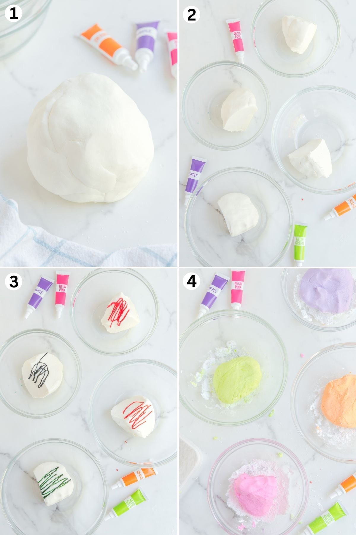 mix ingredients and roll into a ball. divide into 4 smaller section and place in a bowl. add food coloring into each bowl. different color playdough in different bowls.