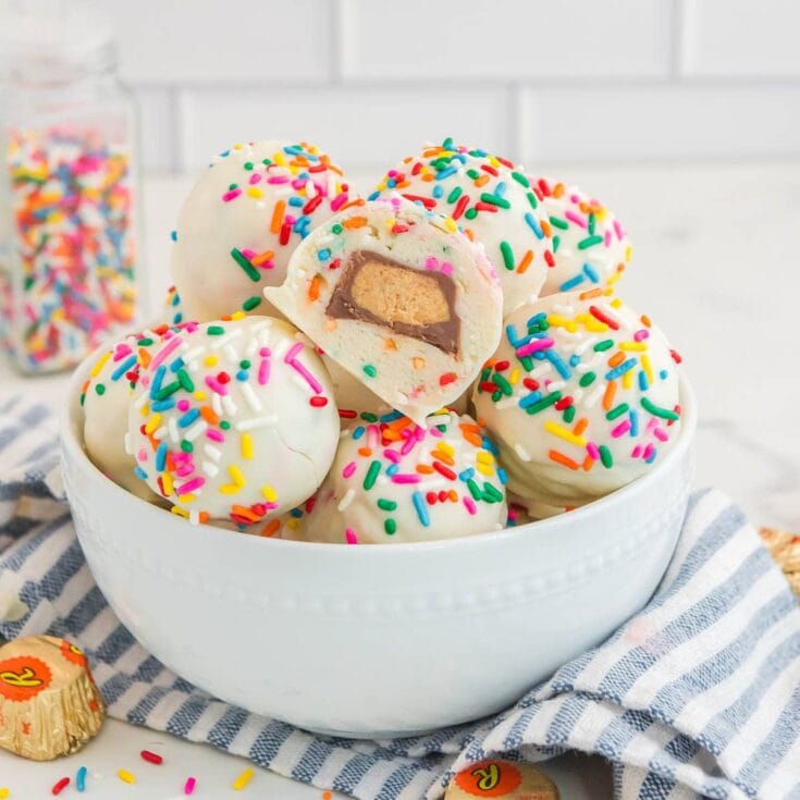Surprise Inside Cheesecake Bites in a large white bowl.