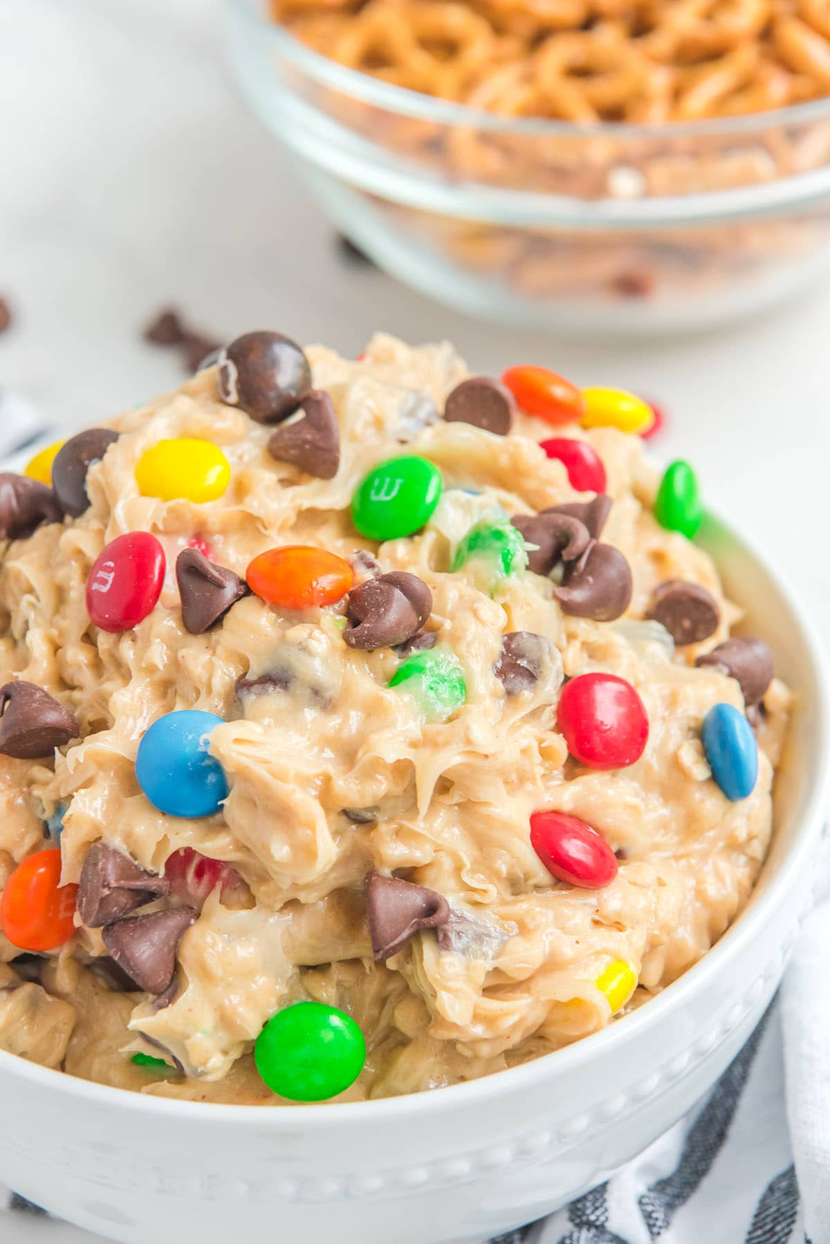 peanut butter dessert dip with m&m's and chocolate chip.