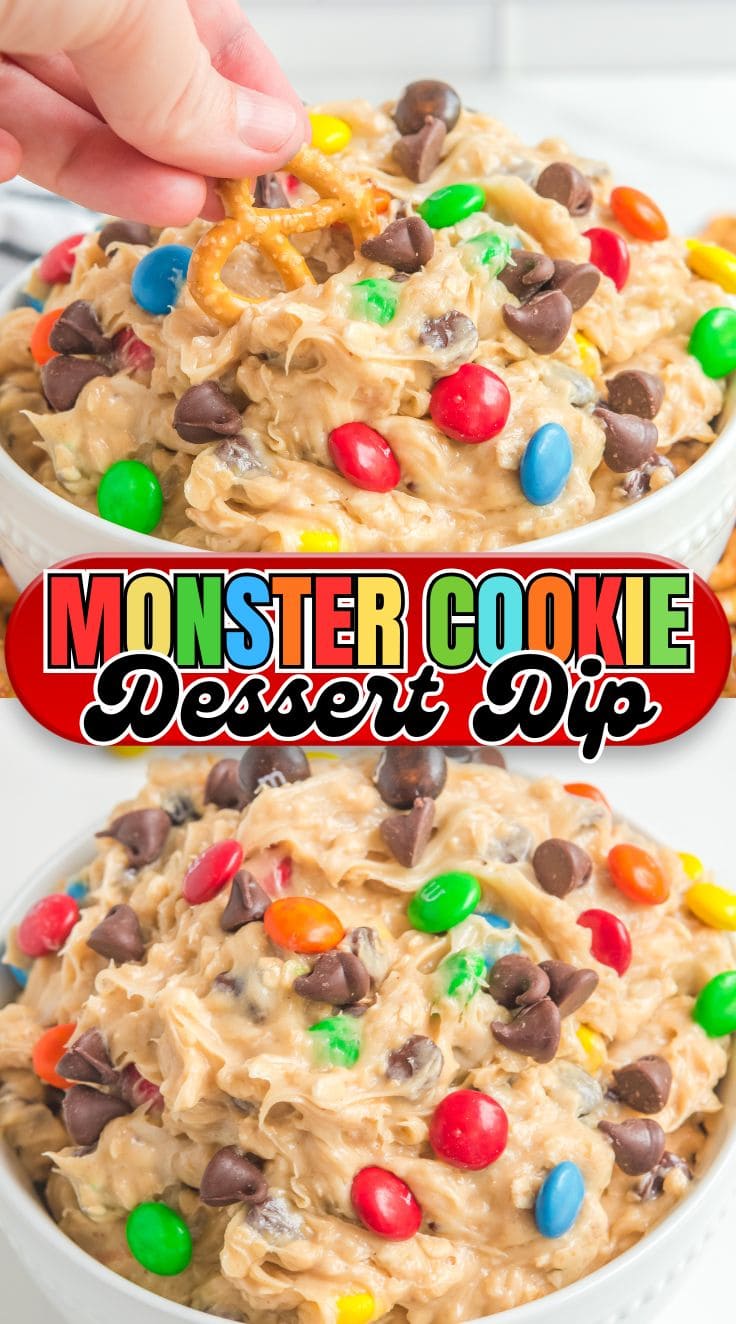 A hand holding a pretzel dipping into Monster Cookie Dessert Dip