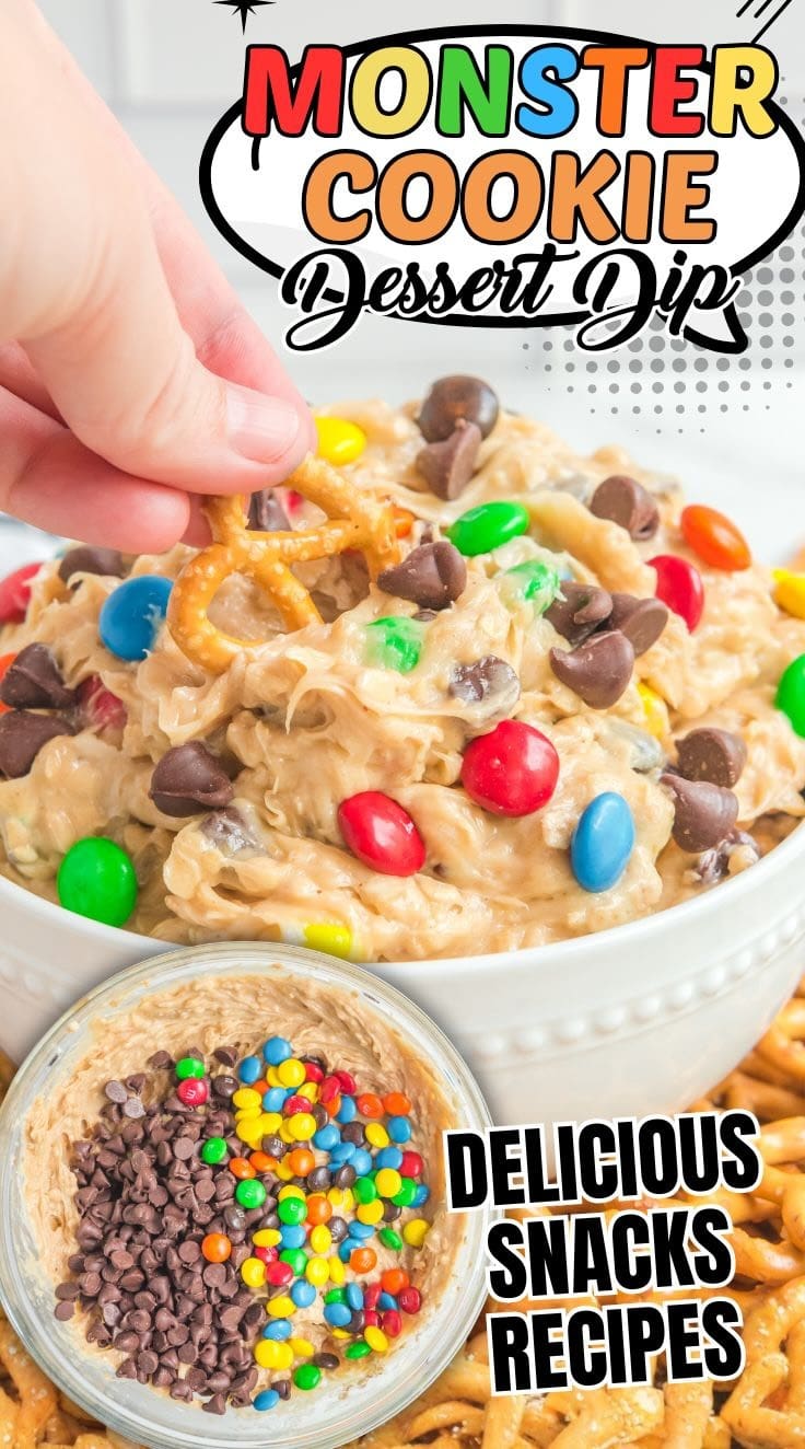 Bowl of monster cookie dessert dip filled with chocolate chips and candy pieces