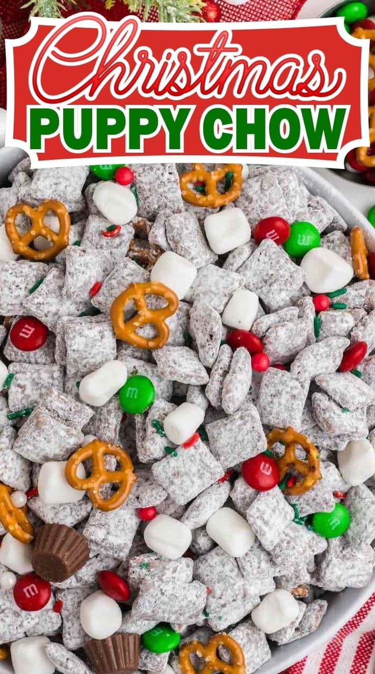 Top view of Christmas puppy chow made from rice chex mix, pretzels and m&m chocolate served in a bowl