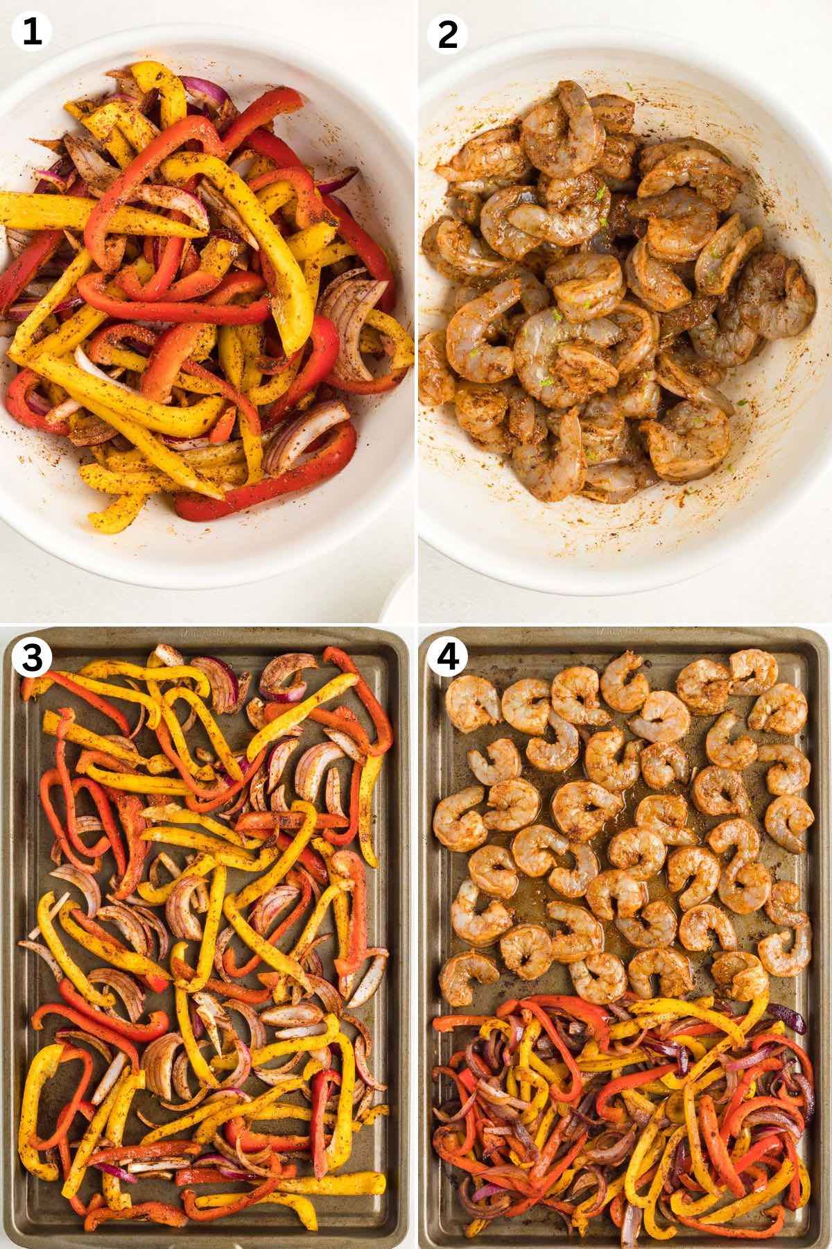 mix the bell pepper with seasonings. mix the shrimp with seasoning. baked bell pepper in baking sheet. baked shrimp with bell pepper. 