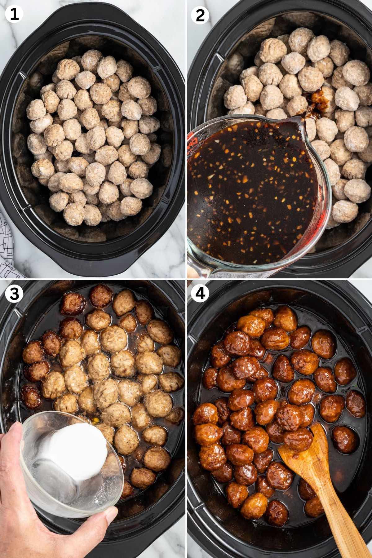 Put the frozen meatballs in the crockpot. Add the Teriyaki sauce. Add cornstarch into the crockpot. teriyaki meatball in crockpot.