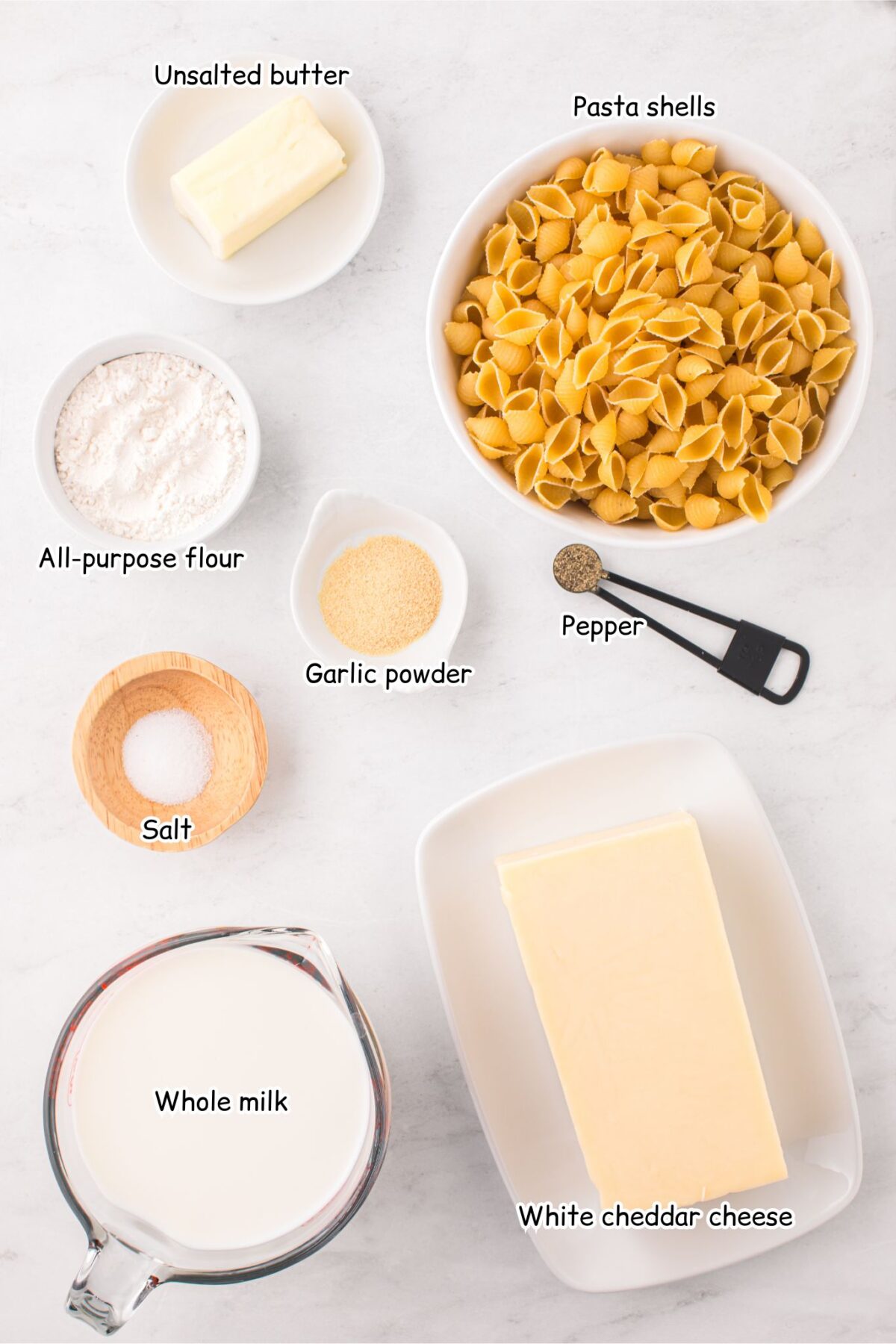 White Cheddar Mac and Cheese ingredients.