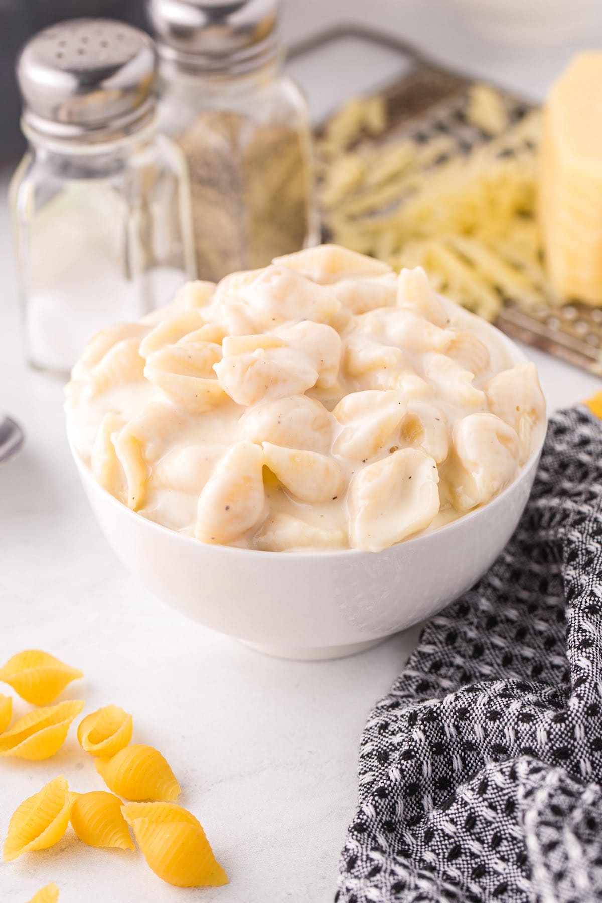 White Cheddar Mac and Cheese in a white bowl.