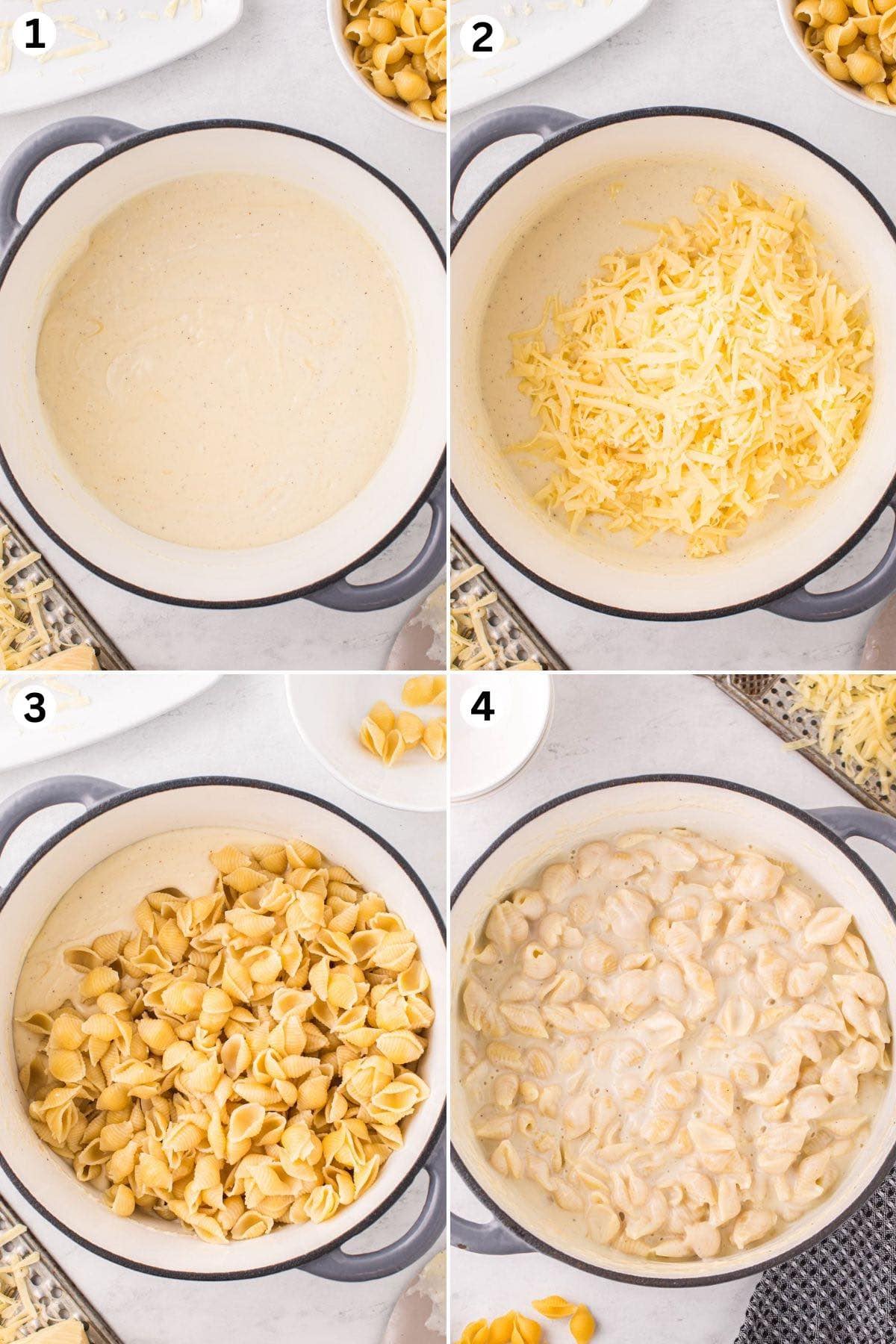 cheese mixture in a pot. adding shredded cheese into the pot. adding the pasta into the pot. white cheddar mac and cheese in a pot.