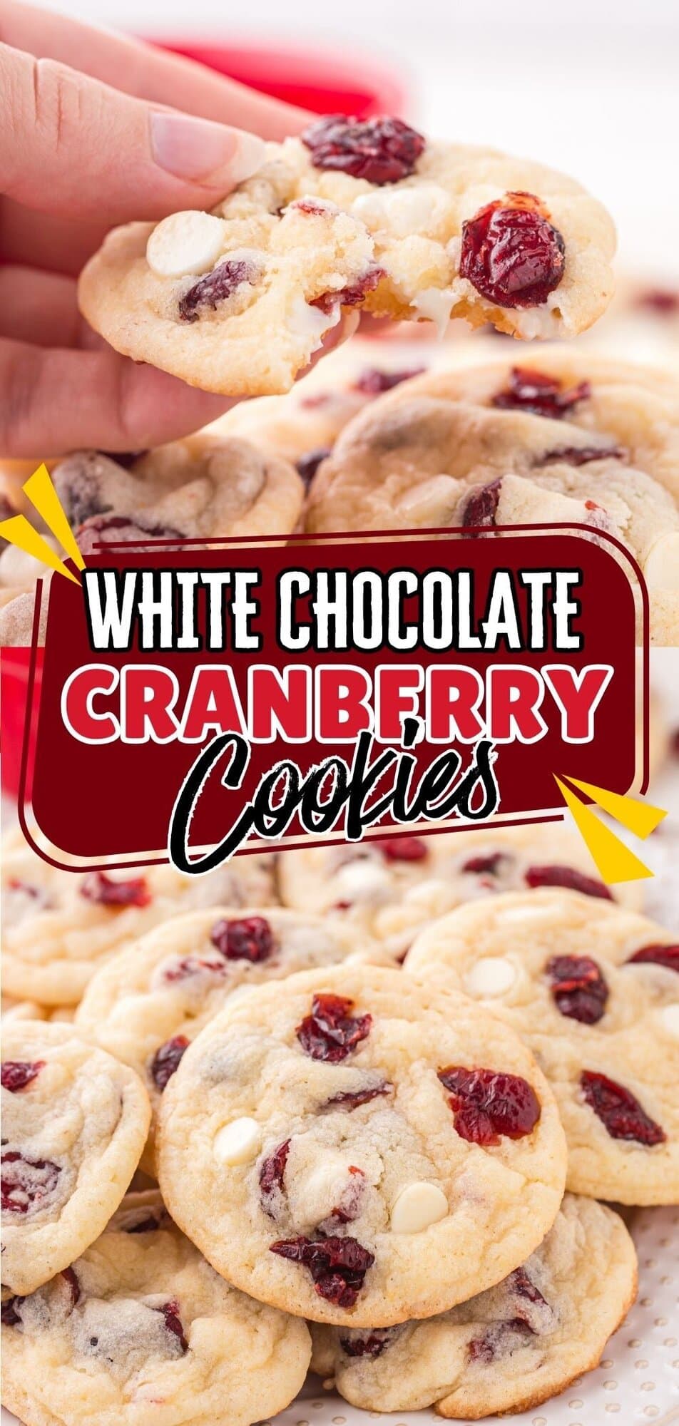 Soft and chewy white chocolate cranberry cookies with white chocolate chips and cranberries baked until golden and arranged on a plate