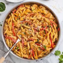Cajun chicken pasta in a skillet.