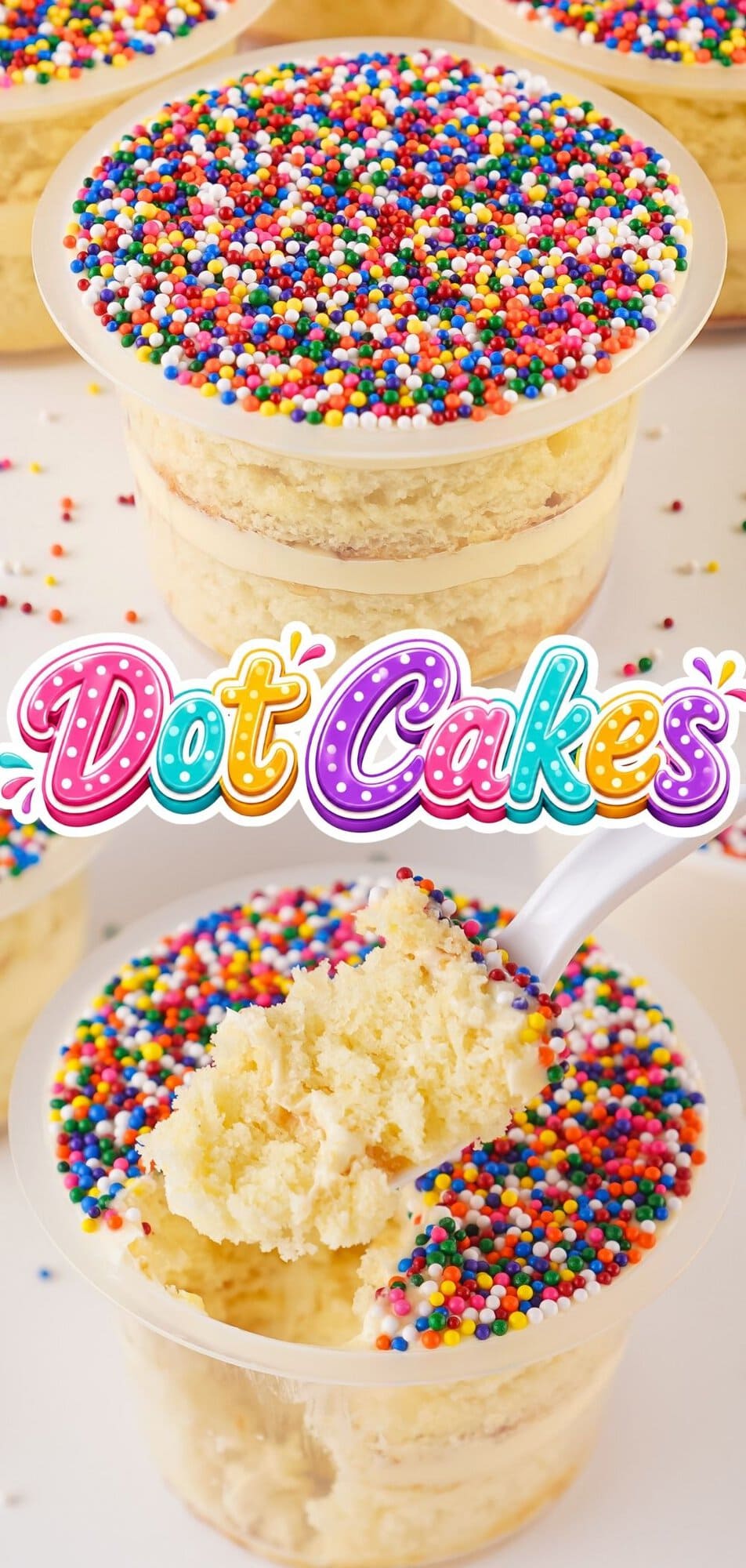 layered vanilla cake cups topped with rainbow nonpareil sprinkles, with a spoonful being scooped out.