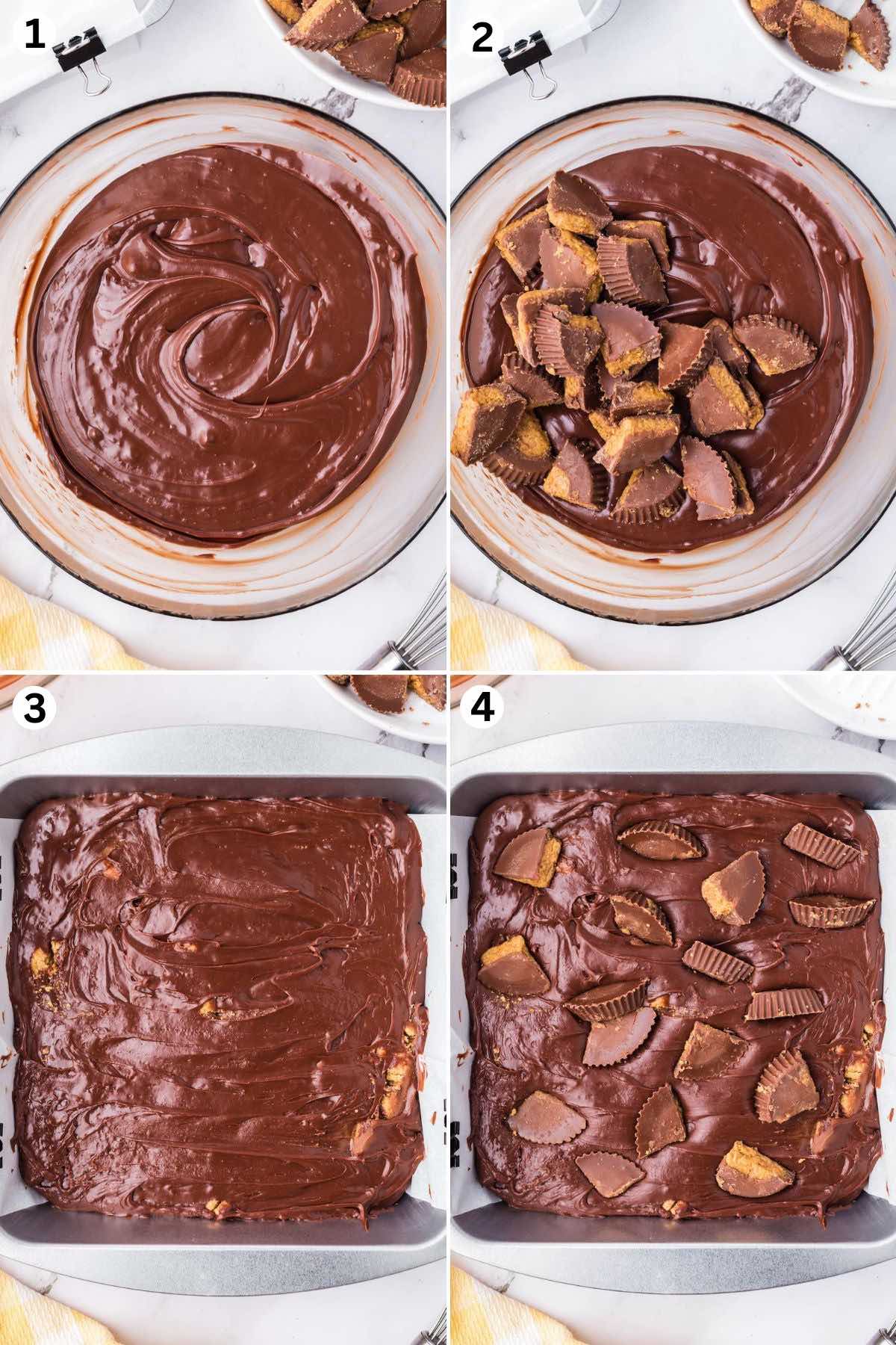 melted chocolate chips in a bowl. add reese's cups into the bowl. pour fudge mixture into the square baking tray. top with a couple reese's.