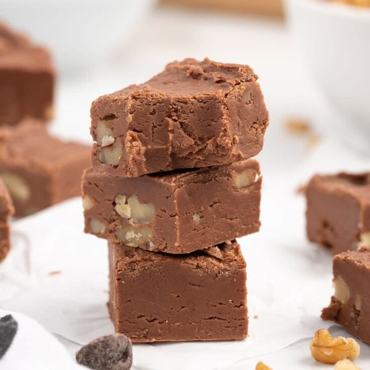 stacked up Fantasy Fudge on white table.