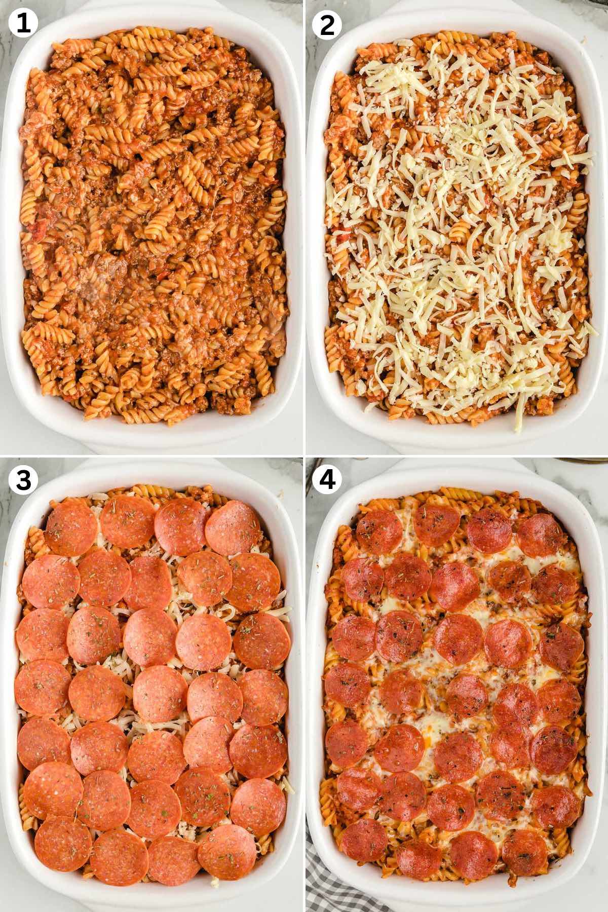pour cooked pasta in the casserole dish. top with shredded cheese and pepperoni slices and bake.