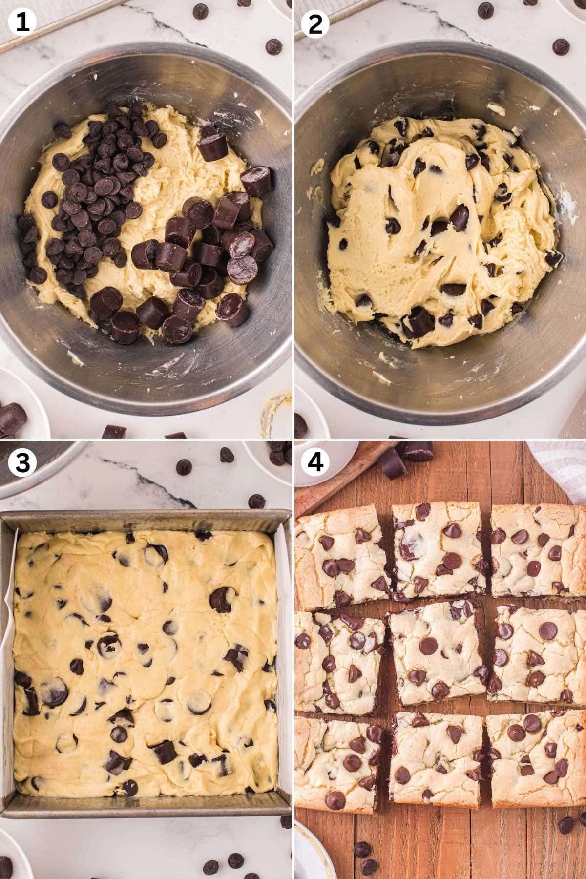 Add Rolos and chocolate chips into the batter mixture and mix evenly. Spread the batter in the pan. Cut into squares.