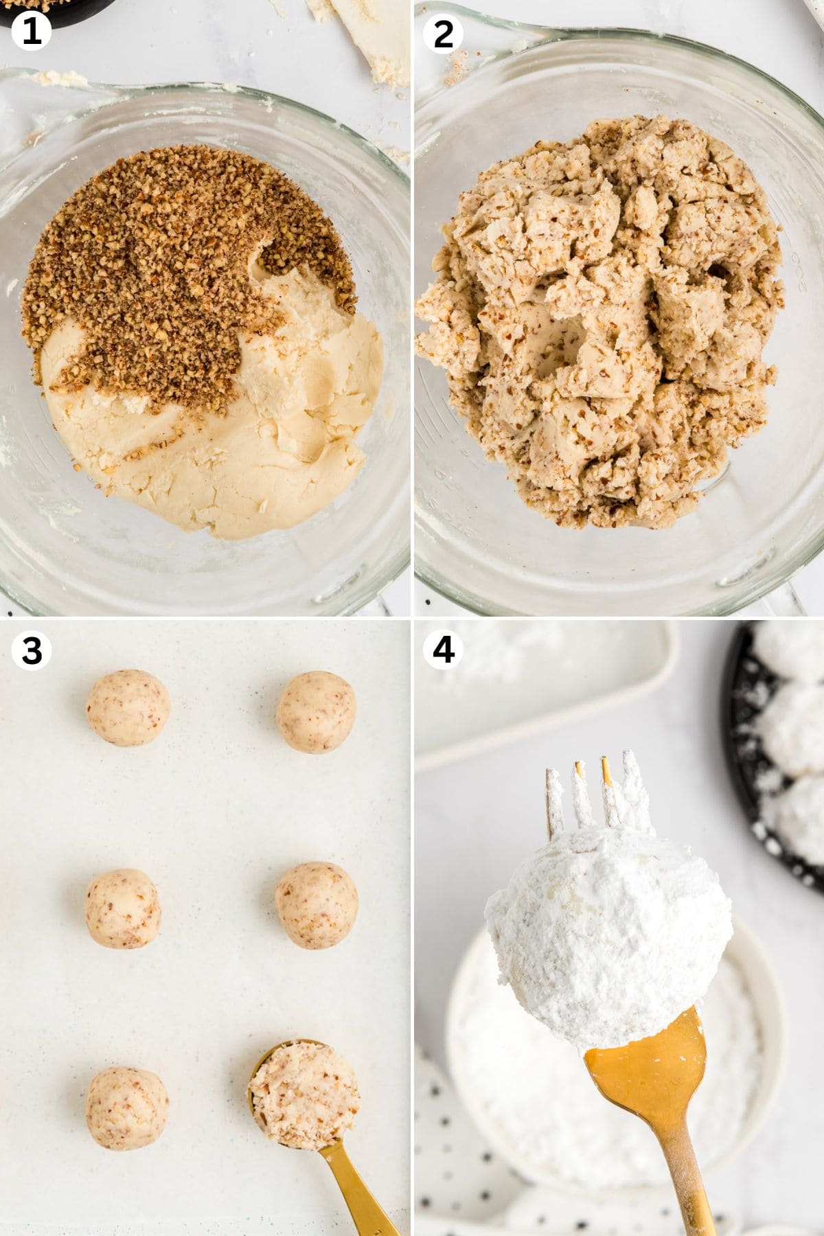 mix ingredients in mixing bowl. scoop and roll into balls and line up in baking sheet. cover with powdered sugar.
