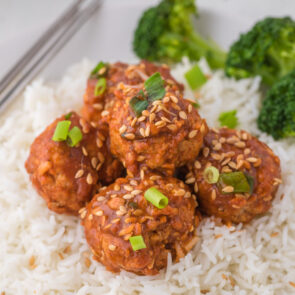 Asian Meatballs served with rice.