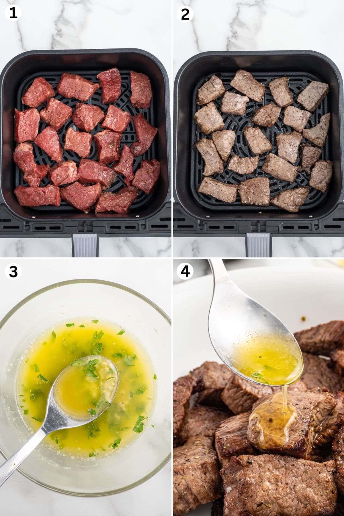Put the steak cubes to the air fryer. Cook the steak cubes. Make the butter mixture in a bowl. Pour the butter mixture on top of the steak bites.