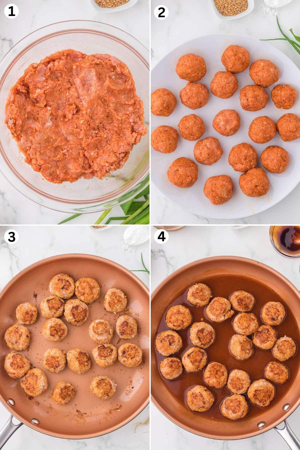 Mix all the ingredients in a large bowl. Scoop the mixture and roll into balls. Cook until brown. Pour the sauce over the meatballs and simmer.