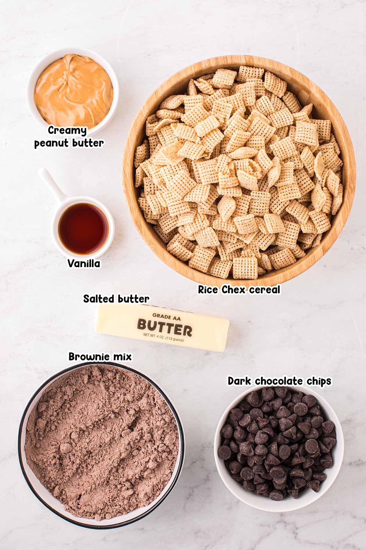 Brownie Batter Puppy Chow ingredients.