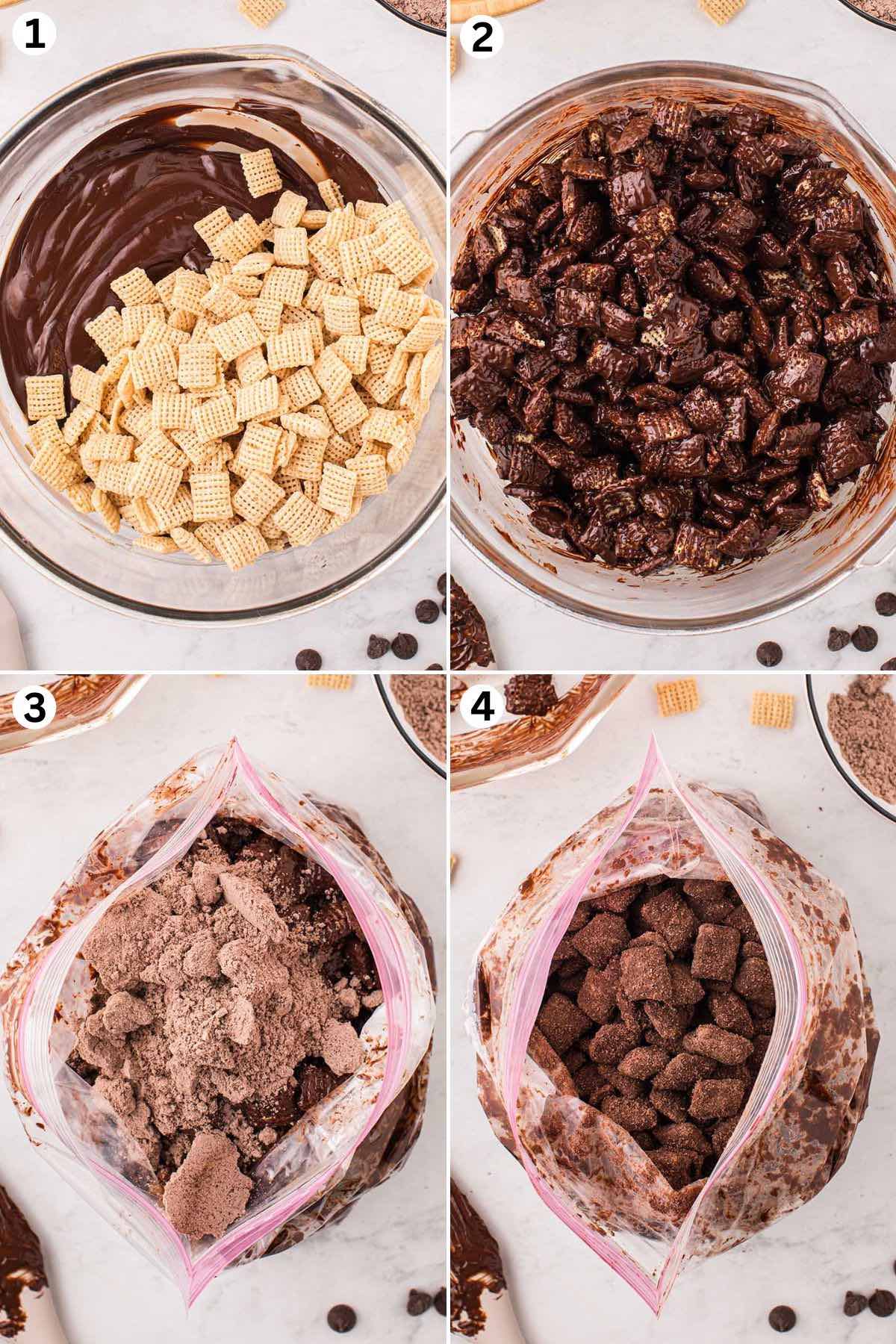 Add the Rice Chex into the brownie mixture and mix well. Put it in a sealable plastic bag. Shake the bag well until Chex mixture is completely coated.