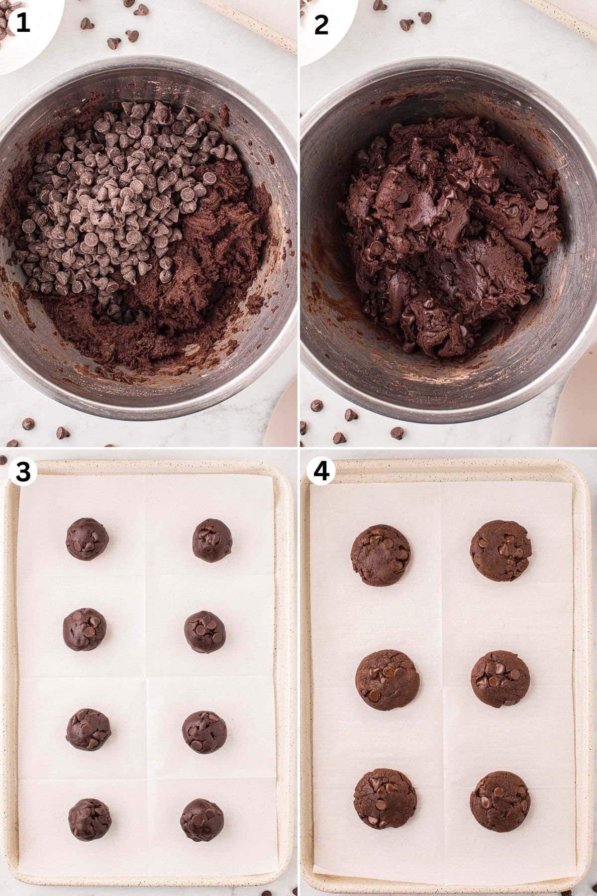 Mix all the ingredients in a bowl. Fold in the chocolate chips and stir. Scoop out cookies and place on the baking sheet. Flatten each cookie and bake.