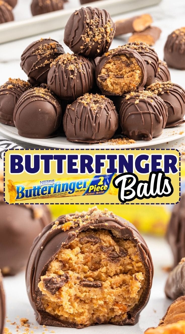 Chocolate almon bark-coated Butterfinger balls with a creamy peanut butter and crispy center
