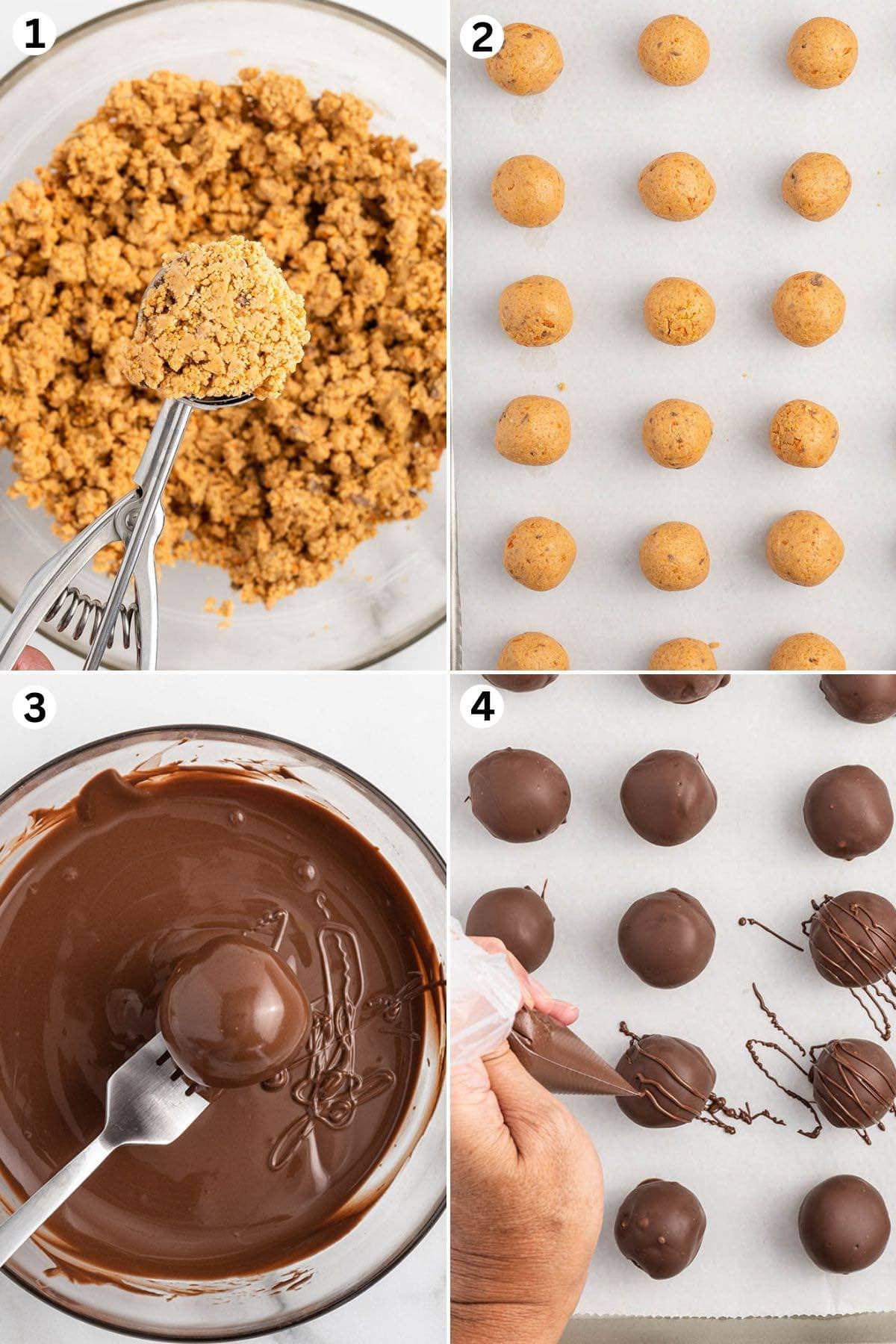 Mix balls ingredients in a large bowl. Scoop and roll the mixture into round balls. Coat the Butterfinger in  melted chocolate. Add chocolate drizzle to each balls.