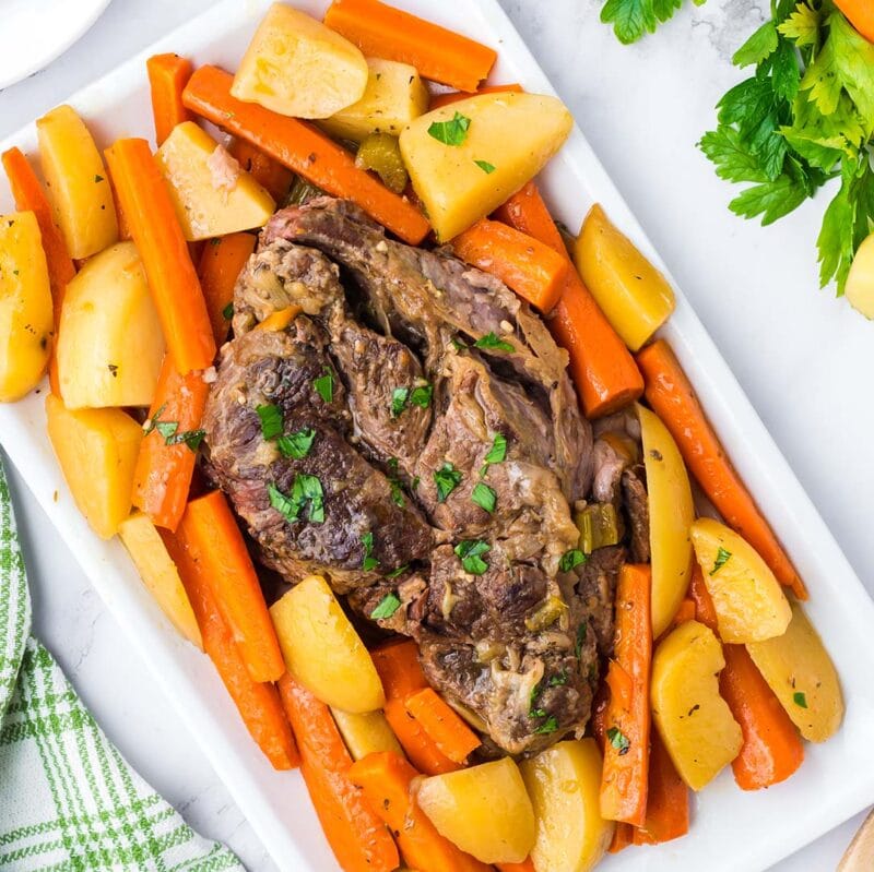 Crockpot Yankee Pot Roast in a white plate.