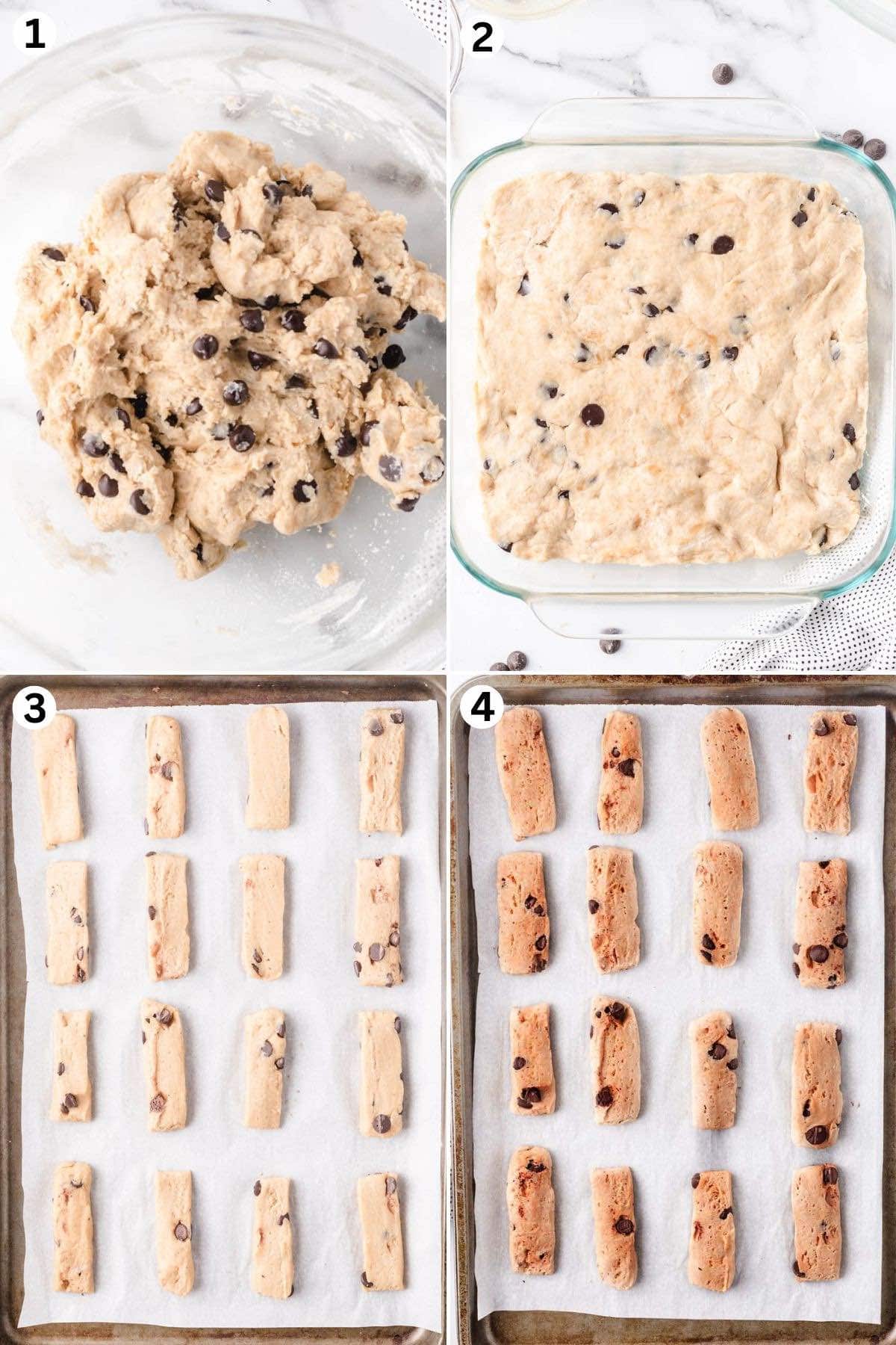 mix cookie dough in a bowl. pour into a square pan. cut the dough into strips. bake the cookie dough.