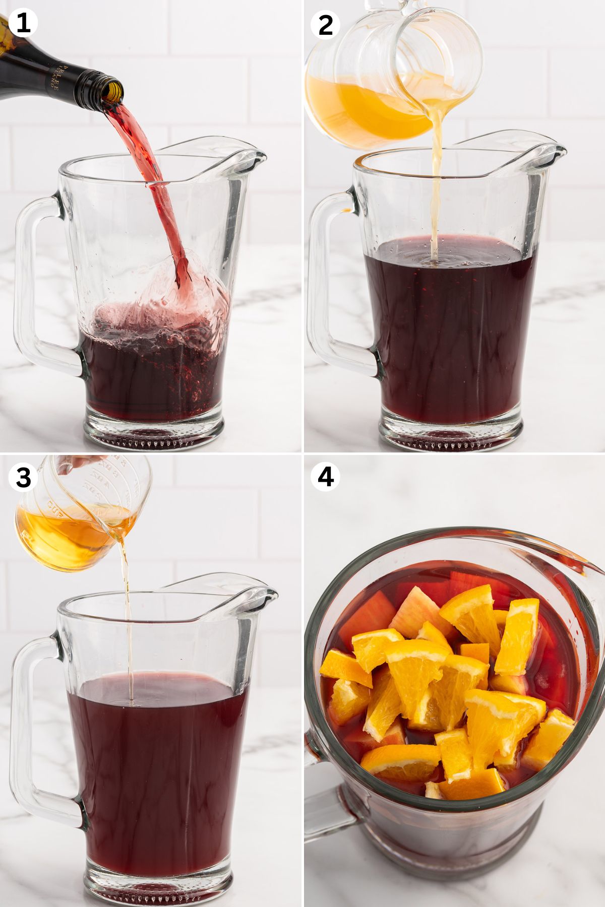 Pour the red wine into the pitcher. Add the apple cider. Add the Fireball Whiskey. Pour the Triple-Sec and add orange pieces.